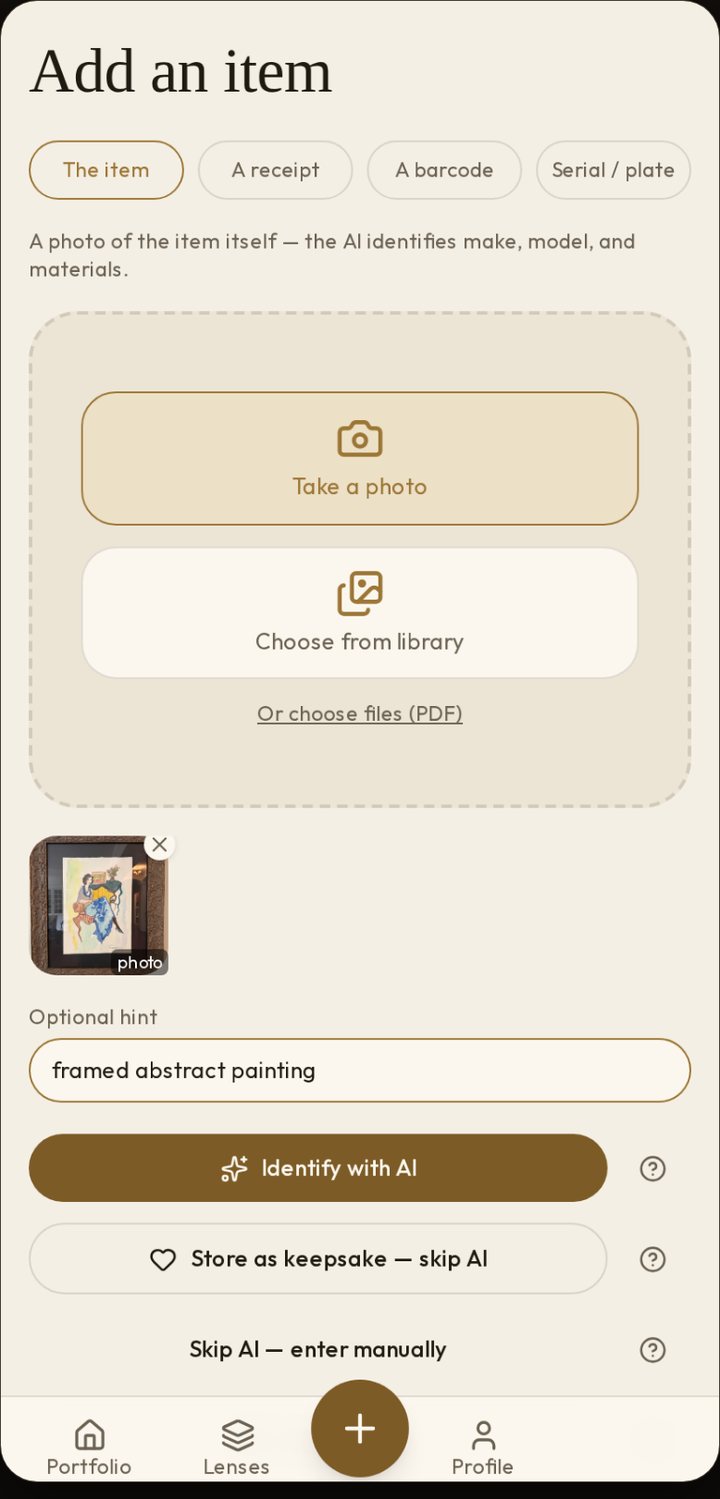 Add an item, with take a photo and identify.